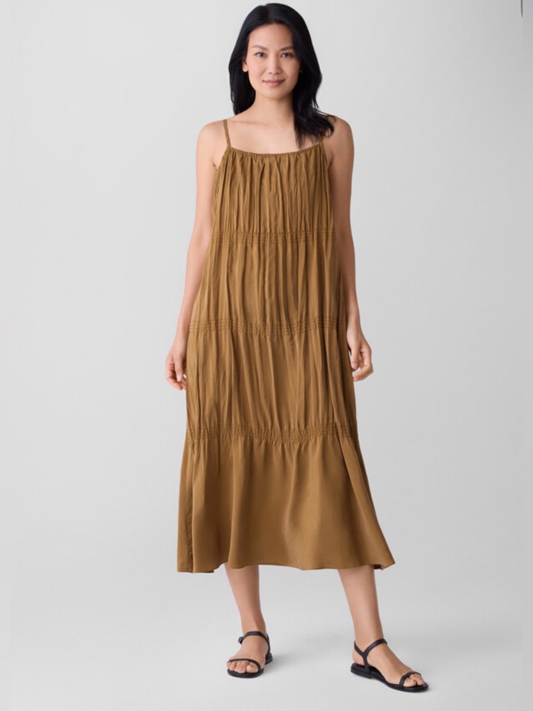 Eileen Fisher Full Length Smocked Cami 100% Silk Sleeveless Tan Brown Dress New